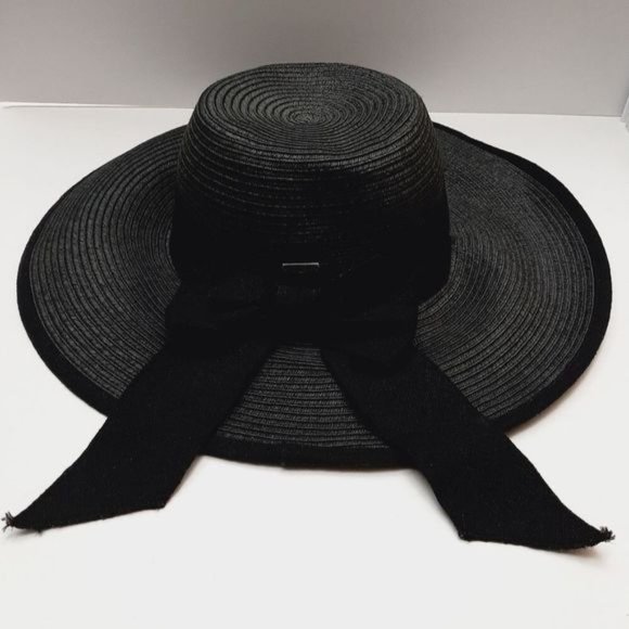 DELUX Woven Summer Floppy Brim Hat Lightweight Black w/Ribbon Sz S - M - Picture 2 of 15